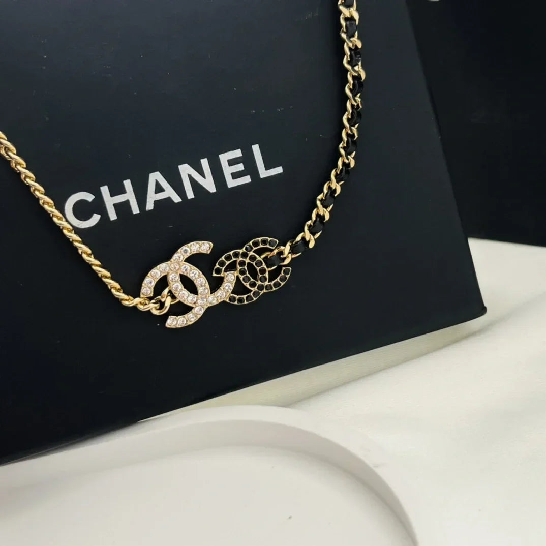 Chanel Double Logo Black Leather Necklace